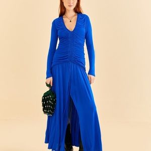 Farm Rio Bright Blue Long Sleeve Midi Dress with plunging neckline. NWT.
